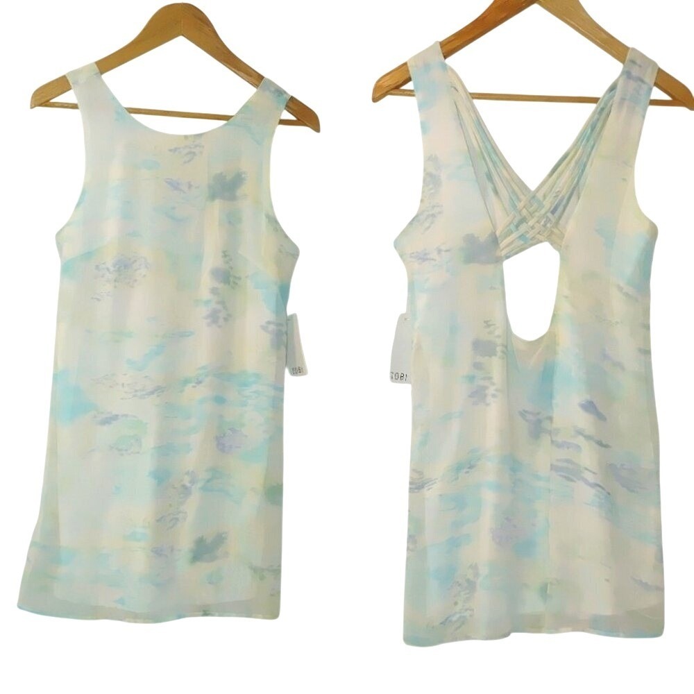 Tobi Sleeveless Tank Shift Dress Strappy Back Green Blue Off White Watercolor S